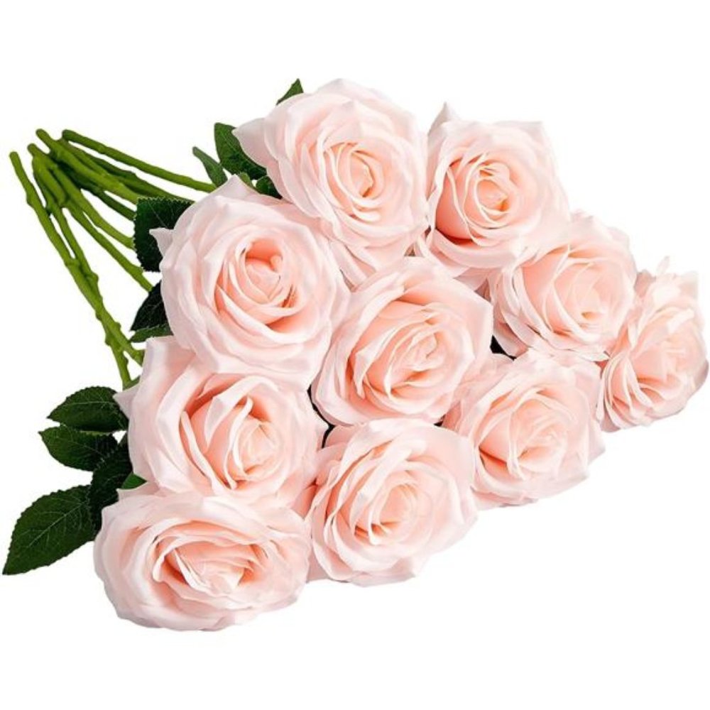 Artificial Rose 10pcs Open Flower Bouquet Faux Rose Stems Wedding Arrangement